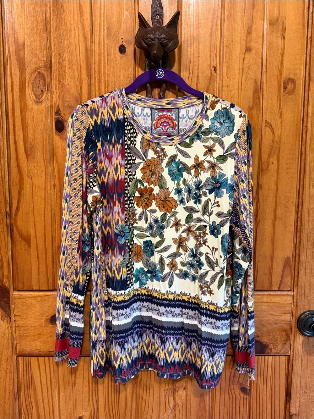 Johnny Was Cream, Blue & Gold Floral Patchwork Long-Sleeve Tee